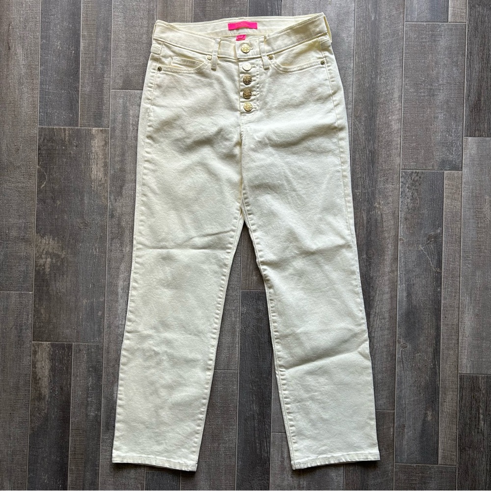 LILLY PULITZER SOUTH OCEAN HIGH RISE BUTTON FLY JEANS, LEMON MERINGUE YELLOW 2 - Picture 2 of 9